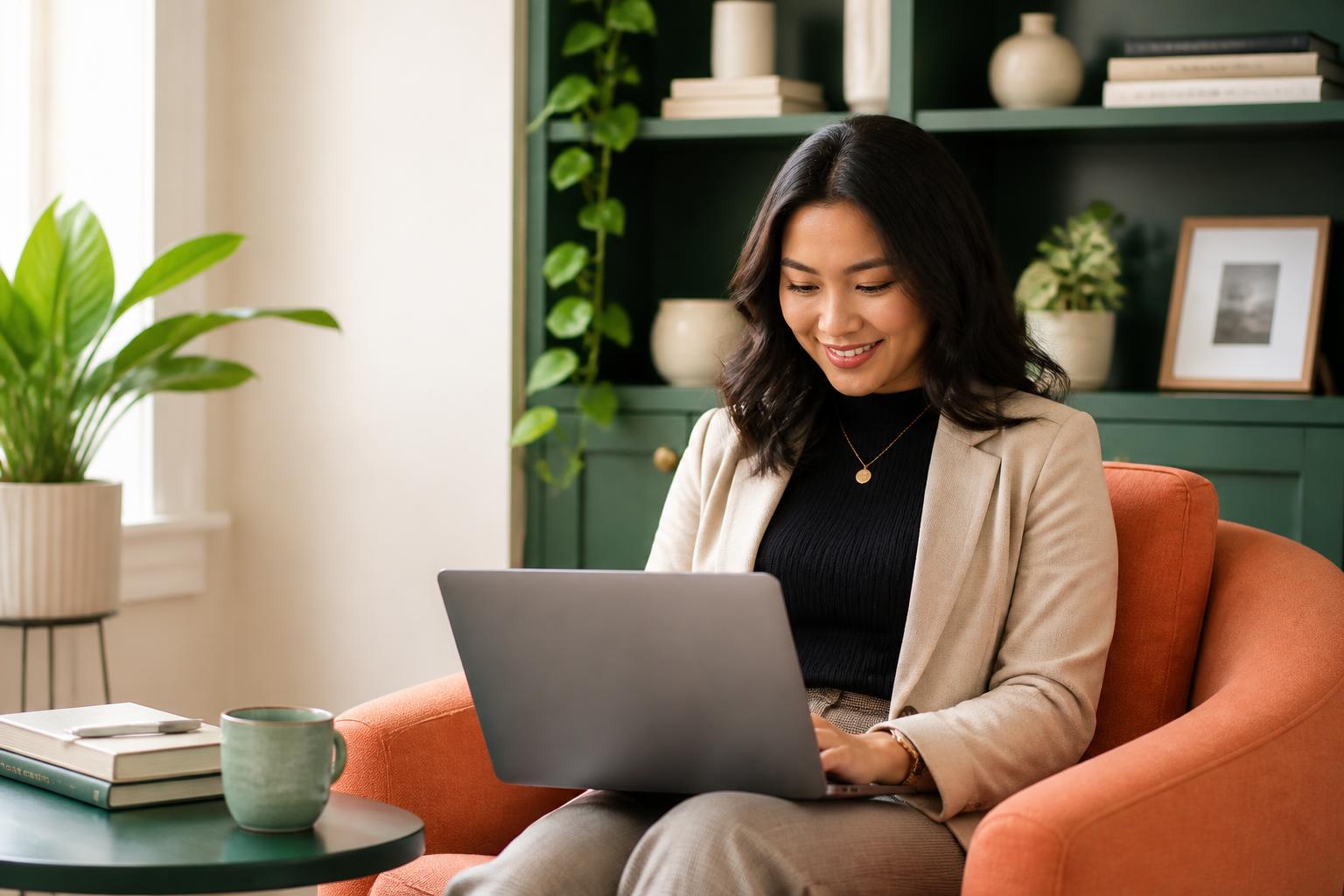 A job seeker smiling while updating her resume on a laptop at home