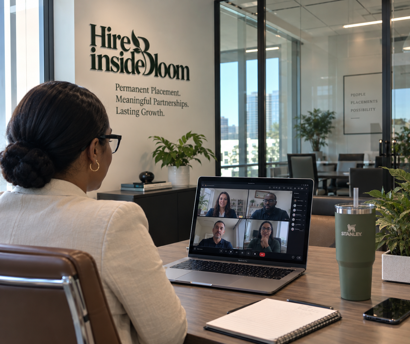 A Hire Inside Bloom recruiter on a video call with clients